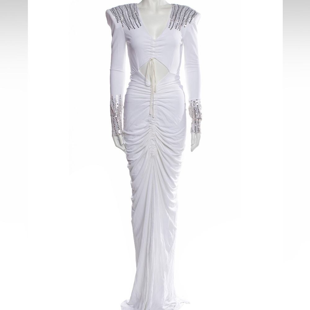 DUNDAS White Ruched Long Sleeve Gown